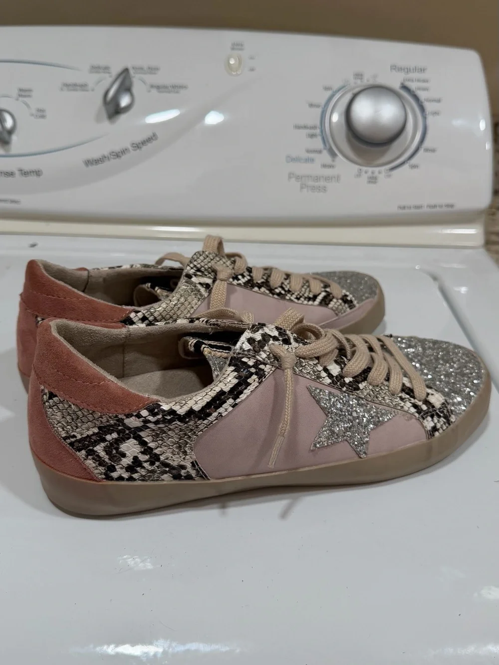 ShuShop Pink Glitter Star Sneakers with Snake-Print Trim